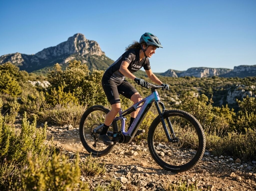 02-cube-stereo-hybrid-one44-2027 vtt électrique cube stereo hybrid one44 slx 800 modèle 2027 avec cycliste au pic saint loup
