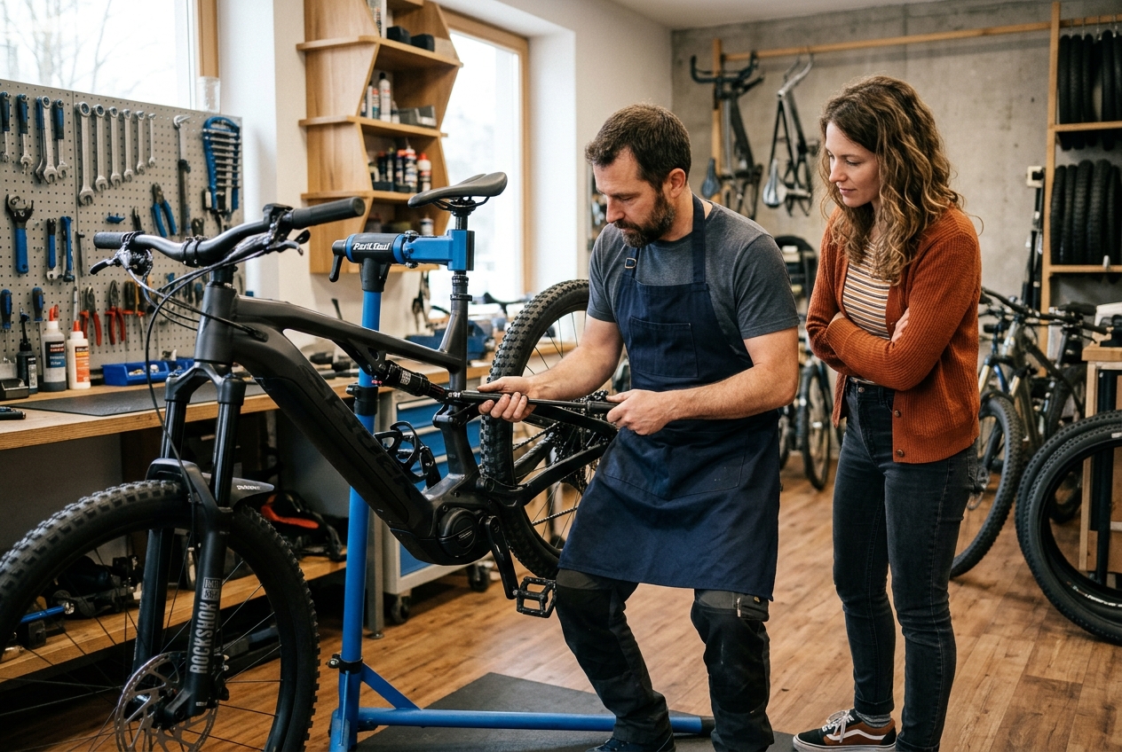 vtt-electrique-femme-2 réglage de suspension et position sur un vtt électrique femme